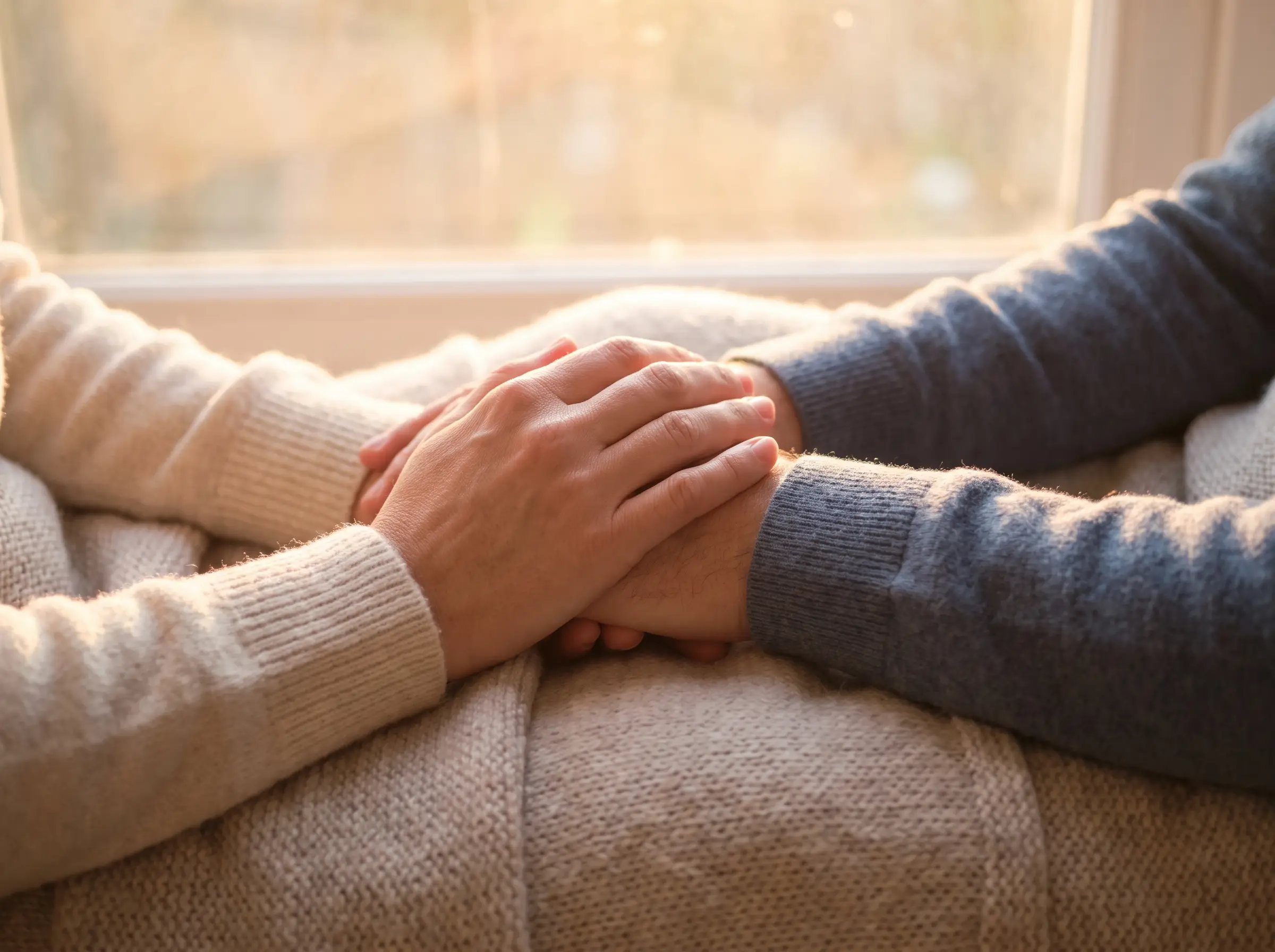 Hands resting on a notebook in a calm therapy room