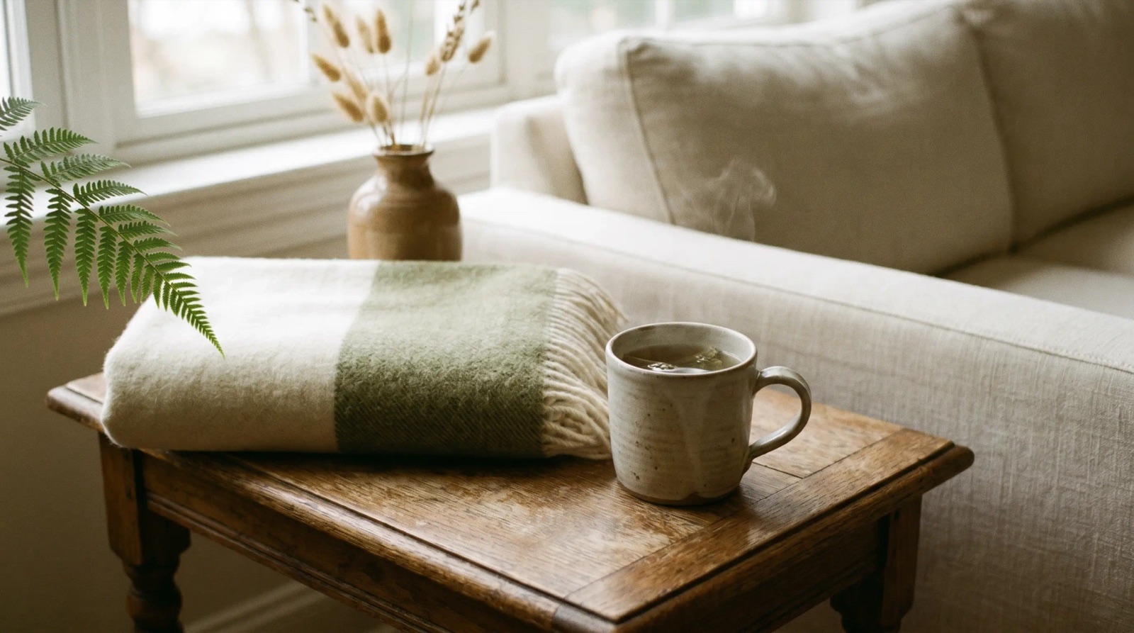 A warm, quiet corner with tea and a soft blanket before a session